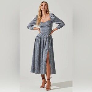 ASTR the Label Midi Dress Blue Floral Drop Waist Puff Long Sleeve XS Cottagecore